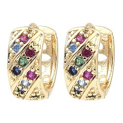 Brass with Colorful Cubic Zirconia Thick Hoop Earrings, Light Gold, 5x13mm