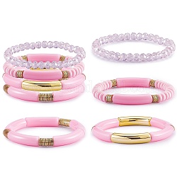 4 pièces 4 ensembles de bracelets extensibles en tube incurvé épais en acrylique de style, Bracelets empilables en pâte polymère et perles de verre pour femme, rose, diamètre intérieur: 2-1/8 pouce (5.3 cm), 1pc / style