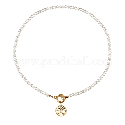 304 aus rostfreiem Stahl Halsketten, mit runden Perlen aus Acrylperlenimitat und Knebelverschlüssen, flach rund mit Baum des Lebens, weiß, golden, 18.11 Zoll (46 cm)