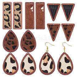 BENECREAT 12Pcs 6 Style Eco-Friendly Cowhide Leather Big Pendants, with Dyed Wood, Leopard Print with Teardrop, Rectangle, Triangle, Mixed Color, 36~56x19~32.5x3~4mm, Hole: 1.2~1.4mm, 2pcs/tyle