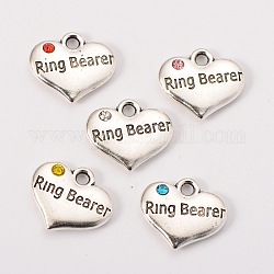 Wedding Theme Antique Silver Tone Tibetan Style Heart with Ring Bearer Rhinestone Charms, Mixed Color, 14x16x3mm, Hole: 2mm
