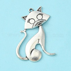 Tibetan Style Alloy Kitten Pendants, Cadmium Free & Nickel Free & Lead Free, Cartoon Cat Shape, Antique Silver, 46x30x5mm, Hole: 2mm