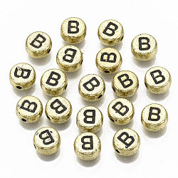 Perles acryliques plaquées, trou horizontal, plat rond avec la lettre, plaqué or, noir, letter.b, 7x4mm, Trou: 1.2mm, environ3600 pcs / 500 g.