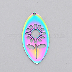 Ion Plating(IP) 201 Stainless Steel Pendants, Laser Cut, Hollow, Horse Eye with Flower, Rainbow Color, 30.5x15.5x1mm, Hole: 1.6mm
