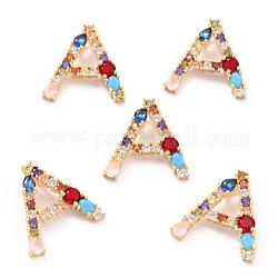 Brass Rhinestone Pendants, with Cubic Zirconia, Letter, Golden, Colorful, Letter.A, 19.5x19.5x2.5mm, Hole: 3.5x2.5mm