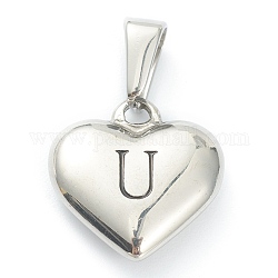 304 Stainless Steel Pendants, Heart with Black Letter, Stainless Steel Color, Letter.U, 16x16x4.5mm, Hole: 7x3mm