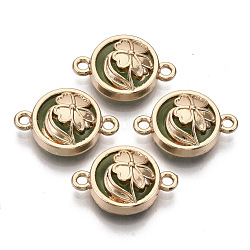 Connecteurs de liens en verre, avec accessoires en alliage plaqué d'or clair, plat rond avec le trèfle, lime green, 13.5x19.5x6.5mm, Trou: 1.6mm