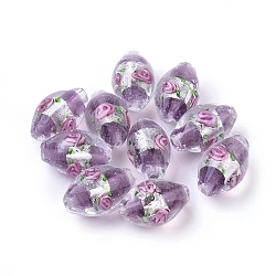 Argent à la main feuille perles de verre au chalumeau, ovale avec des fleurs, support violet, 16~17x9~11mm, Trou: 1.5~2mm