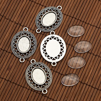Tibetan Style Alloy Connector Cabochon Bezel Settings and Oval Transparent Glass Cabochons DIY-X0206-AS