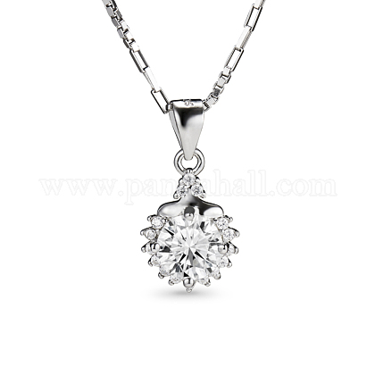 TINYSAND 925 Sterling Silver Flower CZ Rhinestone Pendant Necklaces TS-N040-S-16-1