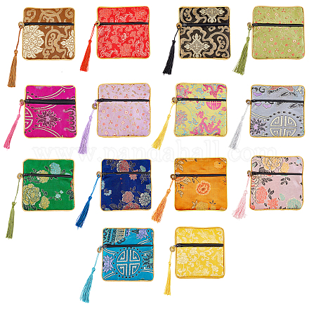 Nbeads 14Pcs 14 Colors Chinese Brocade Tassel Zipper Jewelry Bag Gift Pouch ABAG-NB0001-21-1