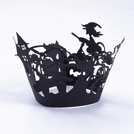 ほうきの魔女のハロウィーンカップケーキラッパー  レーザーカット紙ライナーホルダー  ハロウィンパーティーの結婚式の誕生日の装飾のために  ブラック  8.4x20.5x0.03cm CON-G010-D10-1