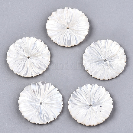 パールシェルビーズの天然な白いシェルマザーオブパール  刻まれた  花  乳白色  24x2mm  穴：1.2mm X-SSHEL-N032-19-1