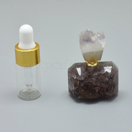天然アメジスト開閉式香水瓶ペンダント  真鍮のパーツとガラスのエッセンシャルオイルのボトル  38~41x20~32.5x16~18mm  穴：0.8mm  ガラス瓶容量：3ml（0.101液量オンス）  宝石の容量：1ml（0.03液量オンス） G-E556-18A-1