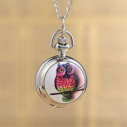 Flat Round Alloy Printed Glass Pocket Watch Pendant Necklaces WACH-H017-01C-1
