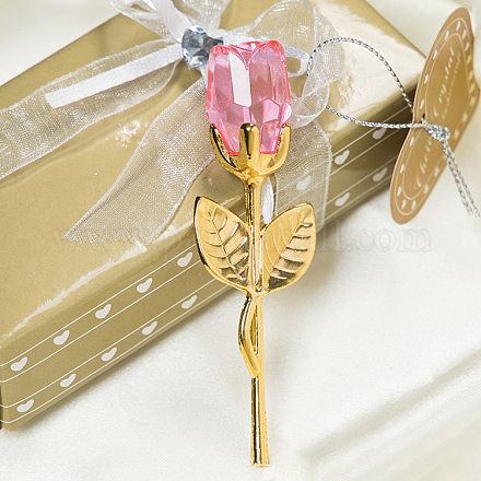 クリスタル ガラスのバラと金属棒の花の枝  結婚祝い、バレンタインデーのプレゼントに  ゴールドカラー  パールピンク  90x30x20mm PW-WG62808-01-1