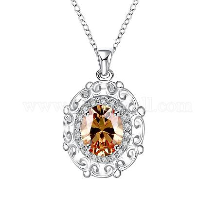 Silver Color Plated Brass Cubic Zirconia Filigree Oval Pendant Necklaces NJEW-BB02955-A-1