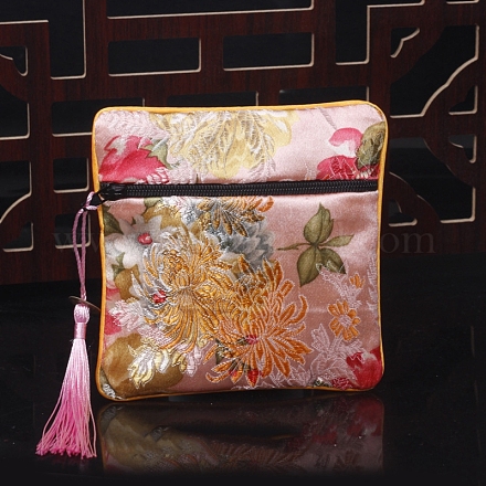 正方形の中国風の布タッセルバッグ  ジッパー付き  ブレスレット用  ネックレス  ピンク  11.5x11.5cm PW-WG62144-09-1