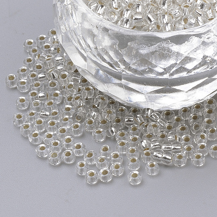 12/0グレードの丸いガラスシードビーズ  銀並ぶ  透明  2x1.5mm  穴：0.5mm  約45000個/ポンド SEED-A022-F12-34-1