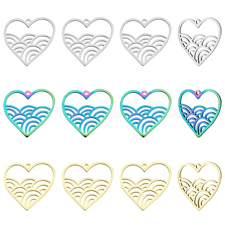 DICOSMETIC 12pcs 3 Colors 22.5mm 201 Stainless Steel Hollow Heart with Rainbow Pendant Filigree Love Charms Multi-Color Pendants Valentines Day Charms for Bracelet Necklace Jewelry Making STAS-DC0004-14-1