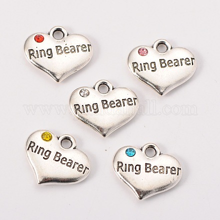 Wedding Theme Antique Silver Tone Tibetan Style Heart with Ring Bearer Rhinestone Charms X-TIBEP-N005-15-1