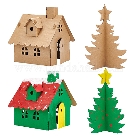 Nbeads 6 セット 2 スタイルの未完成の厚紙 3D パズル  クリスマスデコレーション用  こども 組み立て 絵画 おもちゃ  家と木  小麦  130~220x130~200x205~230mm  3セット/スタイル AJEW-NB0005-36-1