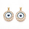 Brass Micro Pave Clear Cubic Zirconia Pendants for Women, Flat Round with Eye, with Resin, Real 18K Gold Plated, White, 23.5x20x7~7.5mm, Hole: 3.5x5mm