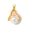 Shell Pearl Beads Glass Pendants, with Seed Beads & Golden 304 Stainless Steel Jump Rings, Shell Shape, PeachPuff, 19~21x14~16x12~13mm, Hole: 2.5mm