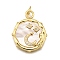 Brass Micro Pave Cubic Zirconia Pendants, with Shell, Flat Round with Moon & Star, Rack Plating, Long-Lasting Plated, Lead Free & Cadmium Free, with Jump Ring, Real 18K Gold Plated, 24x19.5x2.5mm, Hole: 3.2mm