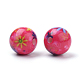 不透明な花の印刷アクリルビーズ  花模様の丸  濃いピンク  11.5~12x11mm  穴：2.5mm MACR-S271-12mm-05-2