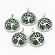Synthetic Malachite Pendants, with Brass Findings, Flat Round with Tree of Life, Dyed, Platinum, 30.5x27x8mm, Hole: 7x3mm
