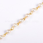 Chaînes en perles de verre rondes manuelles pour fabrication de bracelets et colliers, avec épingle à œil en fer doré, non soudée, beige, 39.3 pouce, perle: 6 mm
