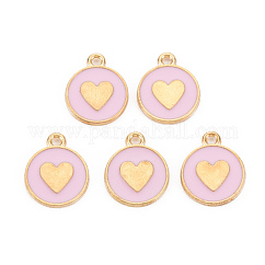 Colgantes de esmalte de aleación, sin plomo y cadmio, la luz de oro, plano y redondo con corazón, rosa, 16x13x2mm, agujero: 1.6 mm