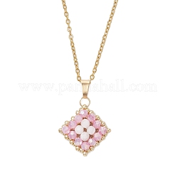 3 collana con catena in acciaio inossidabile 304 con ciondolo a forma di rombo con perline di vetro e pietra di luna arcobaleno naturale in 3 colori&nbsp;NJEW-MZ00124