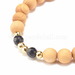 Bracciale elasticizzato con perline in legno naturale e pietre preziose&nbsp;BJEW-JB07820