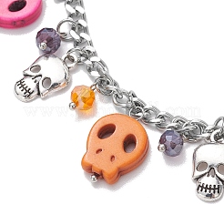 Halloween Totenkopf gefärbte synthetische türkisfarbene Charm-Armbänder&nbsp;BJEW-TA00505