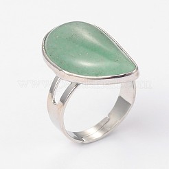 Anelli regolabili in avventurina verde naturale e ottone platino&nbsp;RJEW-N024-02F