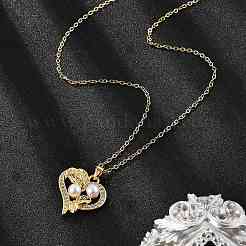 Collar con colgante de hoja y corazón de circonita cúbica transparente micro pavé de latón para mujer&nbsp;NJEW-S448-11G