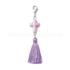 4 pompon en polyester et pendentif en forme de croix en porcelaine fait à la main&nbsp;HJEW-TA00427