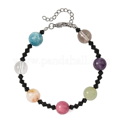 Bracciali da donna rotondi in pietra naturale mista e perline di vetro bicono nero.&nbsp;BJEW-TA00752
