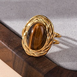 Bagues ovales en oeil de tigre naturel&nbsp;RJEW-M063-01G-11