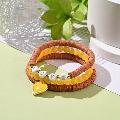 3 pièces 3 style naturel teint jaune jade & acrylique mot amour perlé bracelets extensibles sertis de breloques en alliage émail coeur&nbsp;BJEW-JB08924-03
