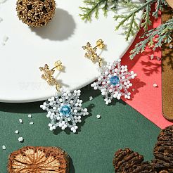 Pendientes colgantes trenzados con semillas de vidrio y copos de nieve navideños&nbsp;EJEW-MZ00233-05