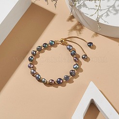 Pulsera con cuentas redondas de latón y perlas naturales teñidas&nbsp;BJEW-JB09008-03
