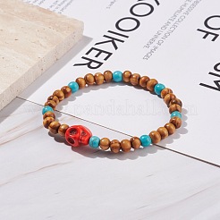 Bracelet extensible en bois naturel et turquoise synthétique (teint)&nbsp;BJEW-JB08146