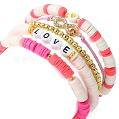 5 pièces 5 styles en argile polymère heishi et mot amour ensemble de bracelets extensibles en perles&nbsp;BJEW-TA00297
