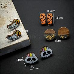 Halloween-Grabstein-Geisterschädel-Ohrstecker-Set aus Holz&nbsp;EJEW-OY002-01