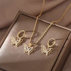 Collana con ciondolo a farfalla in ottone micro pavé di zirconi cubici trasparenti e set di orecchini a cerchio&nbsp;FS-WG0D8FB-01