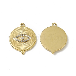 Vacuum Plating 201 Stainless Steel Pendants, with Rhinestone, Real 18K Gold Plated, Flat Round with Eye Charm, Crystal, 19x15x2mm, Hole: 1.4mm