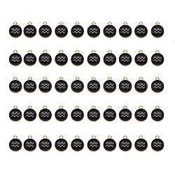 Pendentifs d'émail en alliage, plat rond avec constellation, or clair, noir, Verseau, 15x12x2mm, Trou: 1.5mm, 50 pcs / boîte